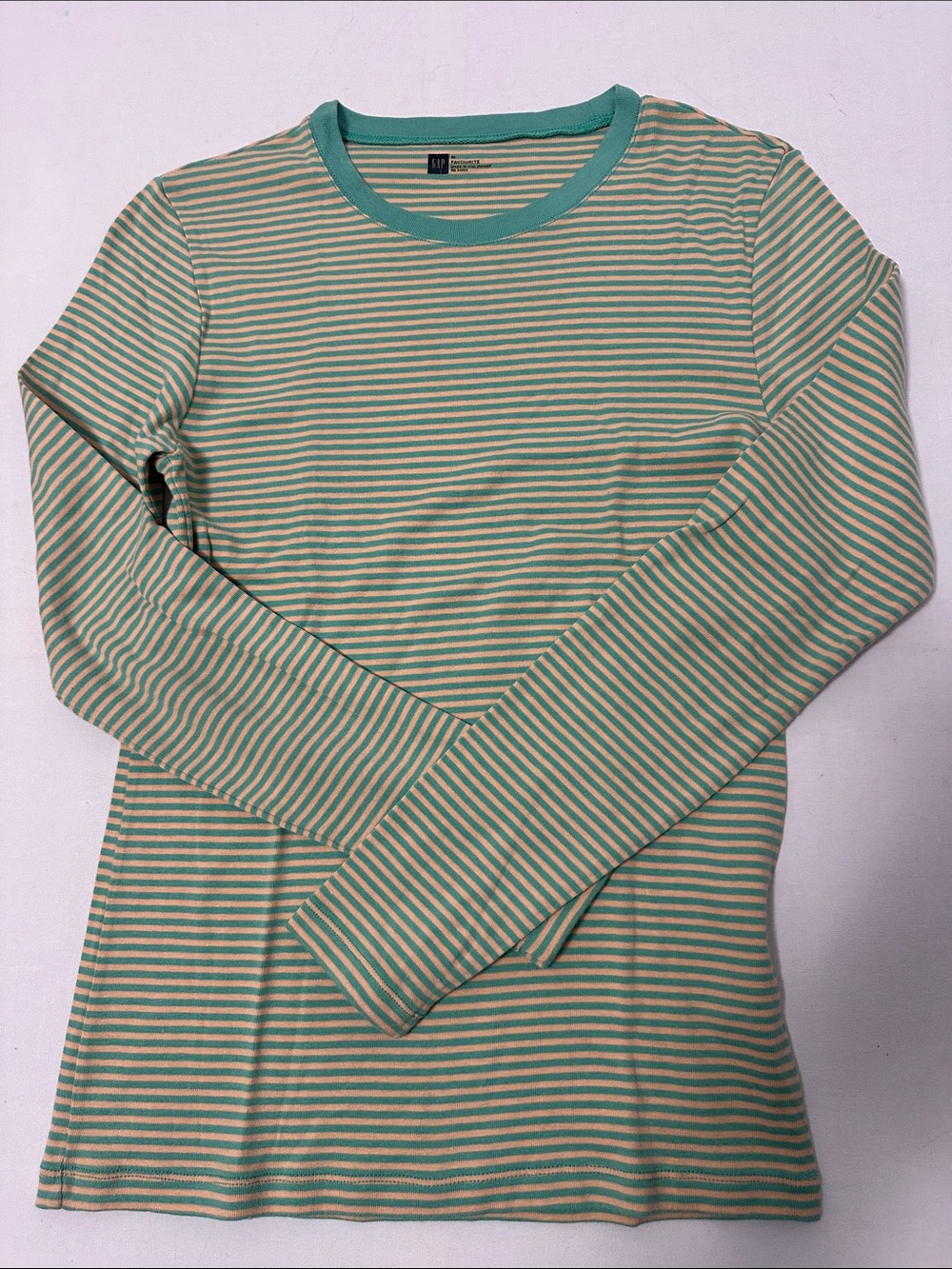 GAP Mint and Cream Striped Long-Sleeve Crewneck